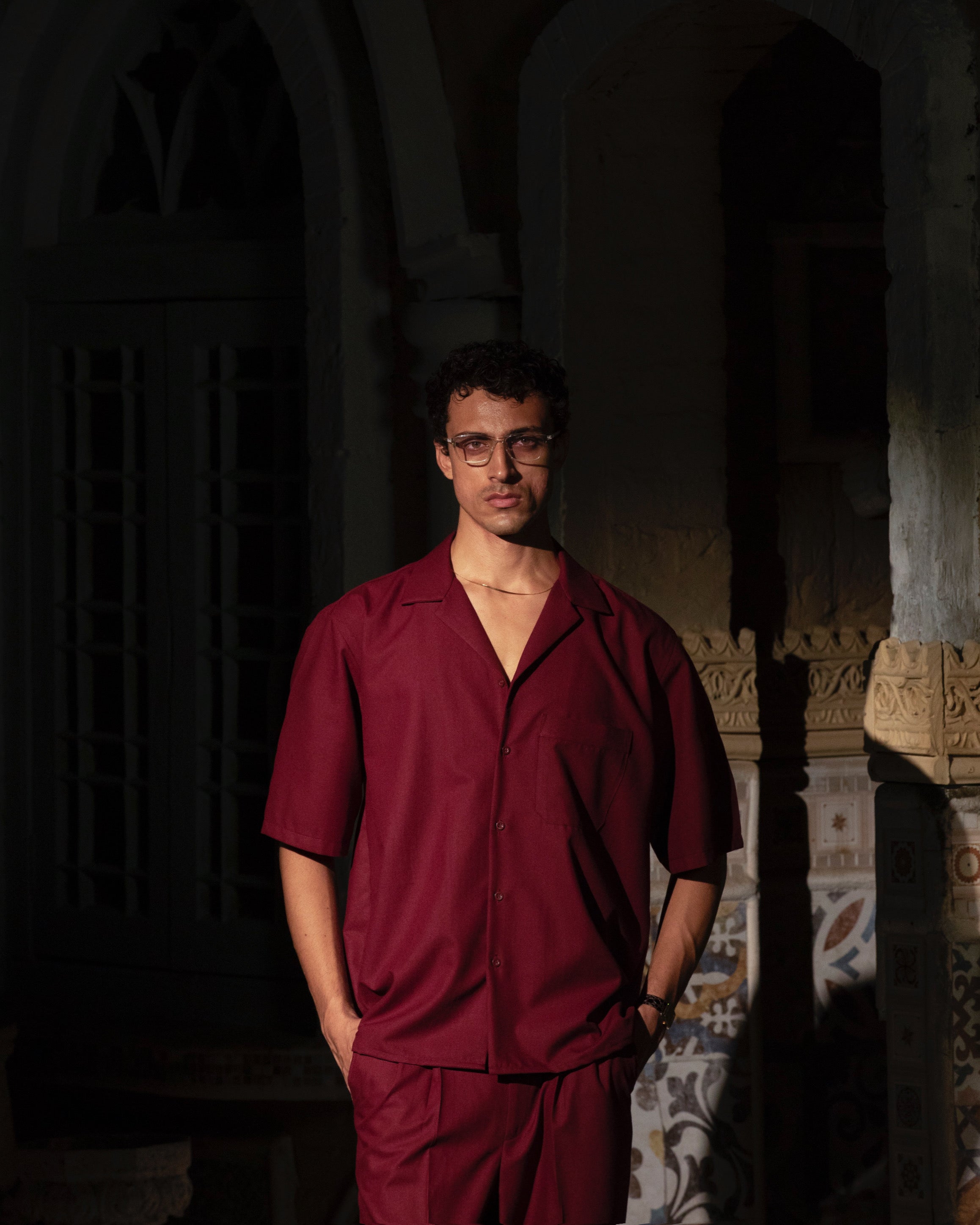 Maroon Cuban Collar Shirt