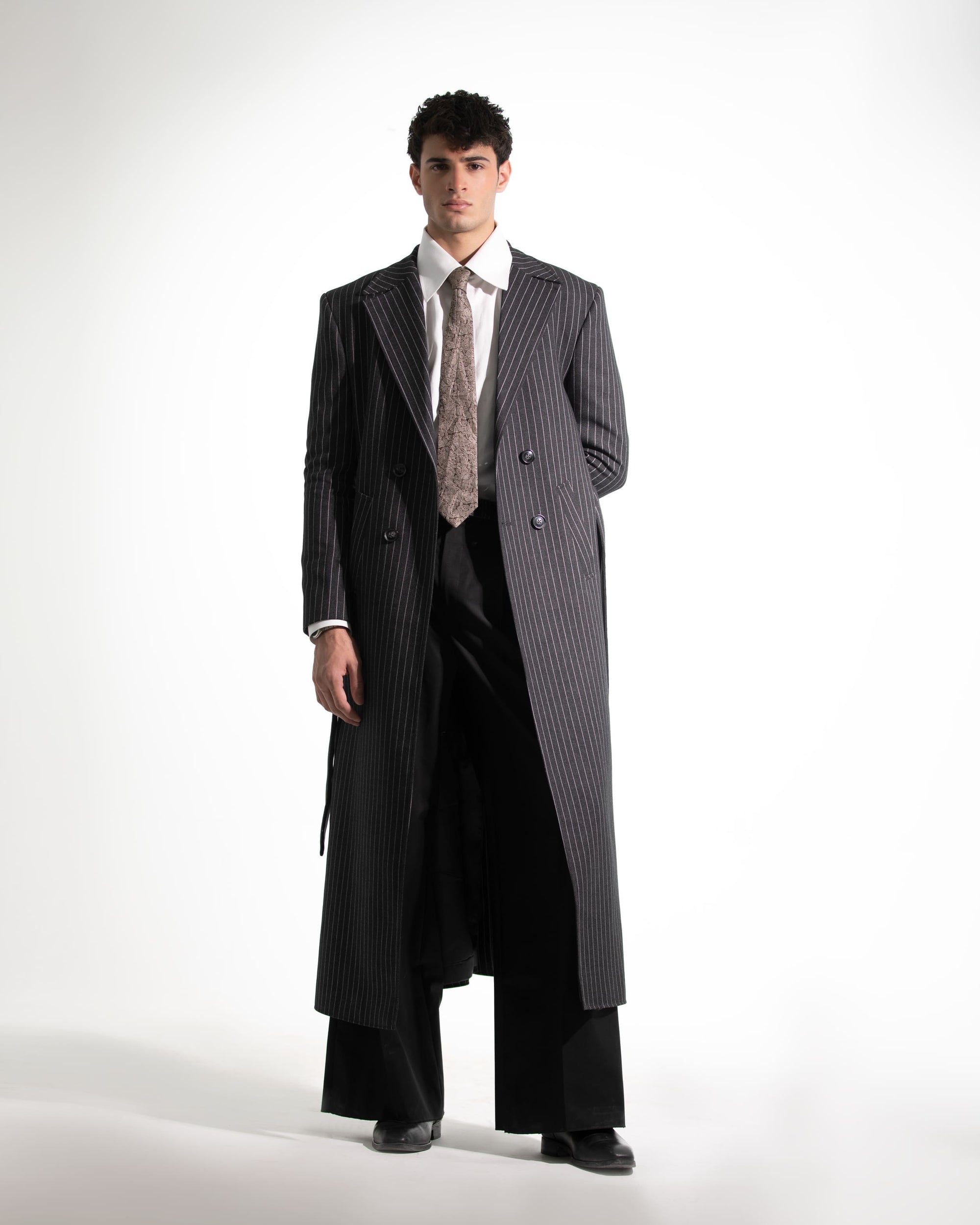 CHARCOAL BLACK PINSTRIPE LONG COAT