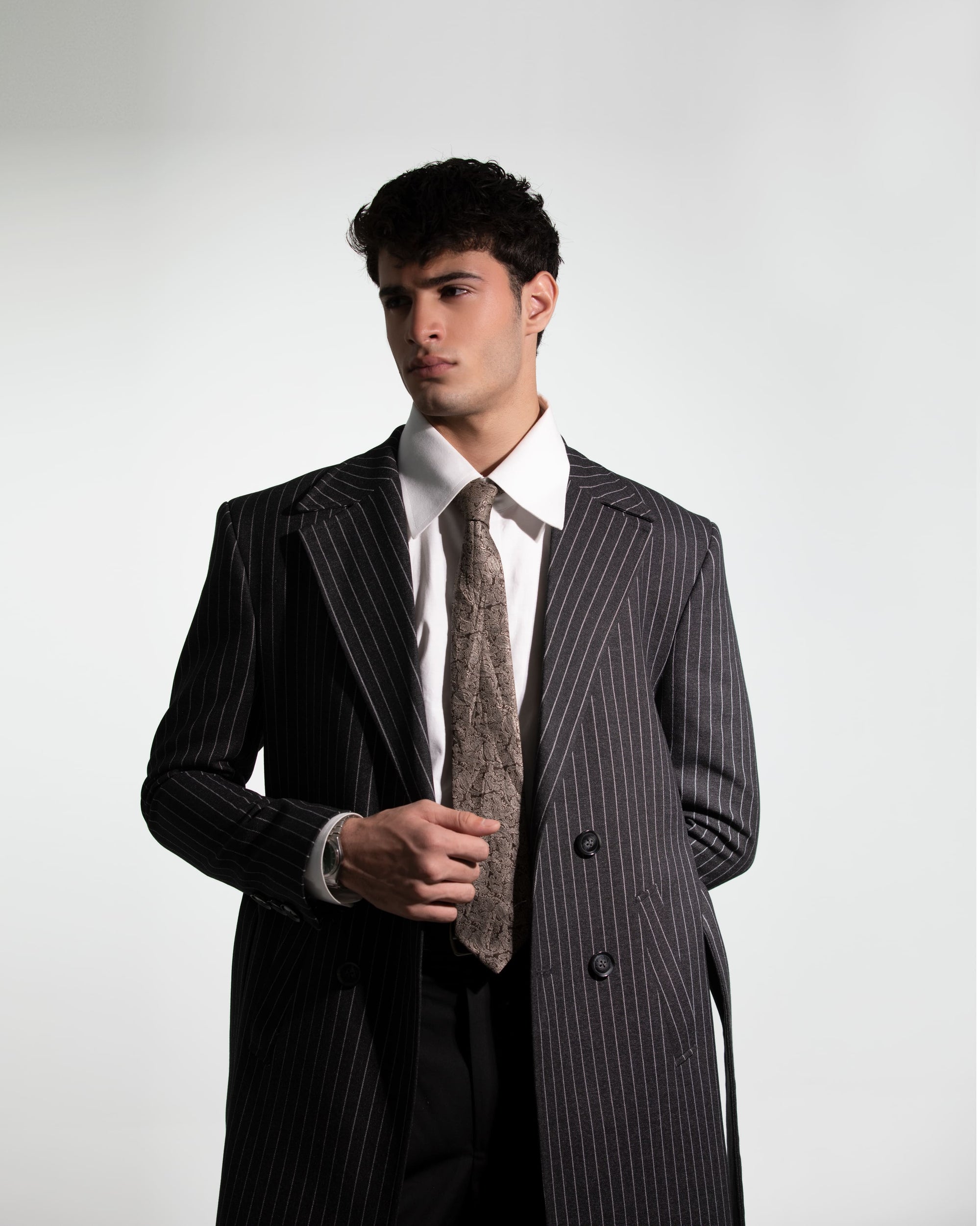 CHARCOAL BLACK PINSTRIPE LONG COAT