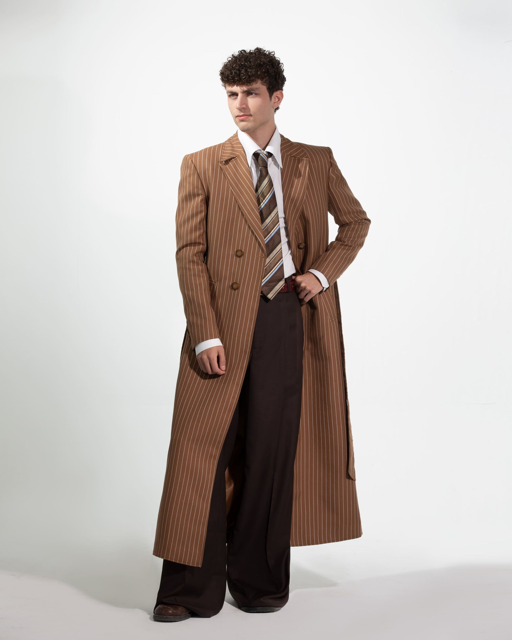 BROWN PINSTRIPE LONG COAT