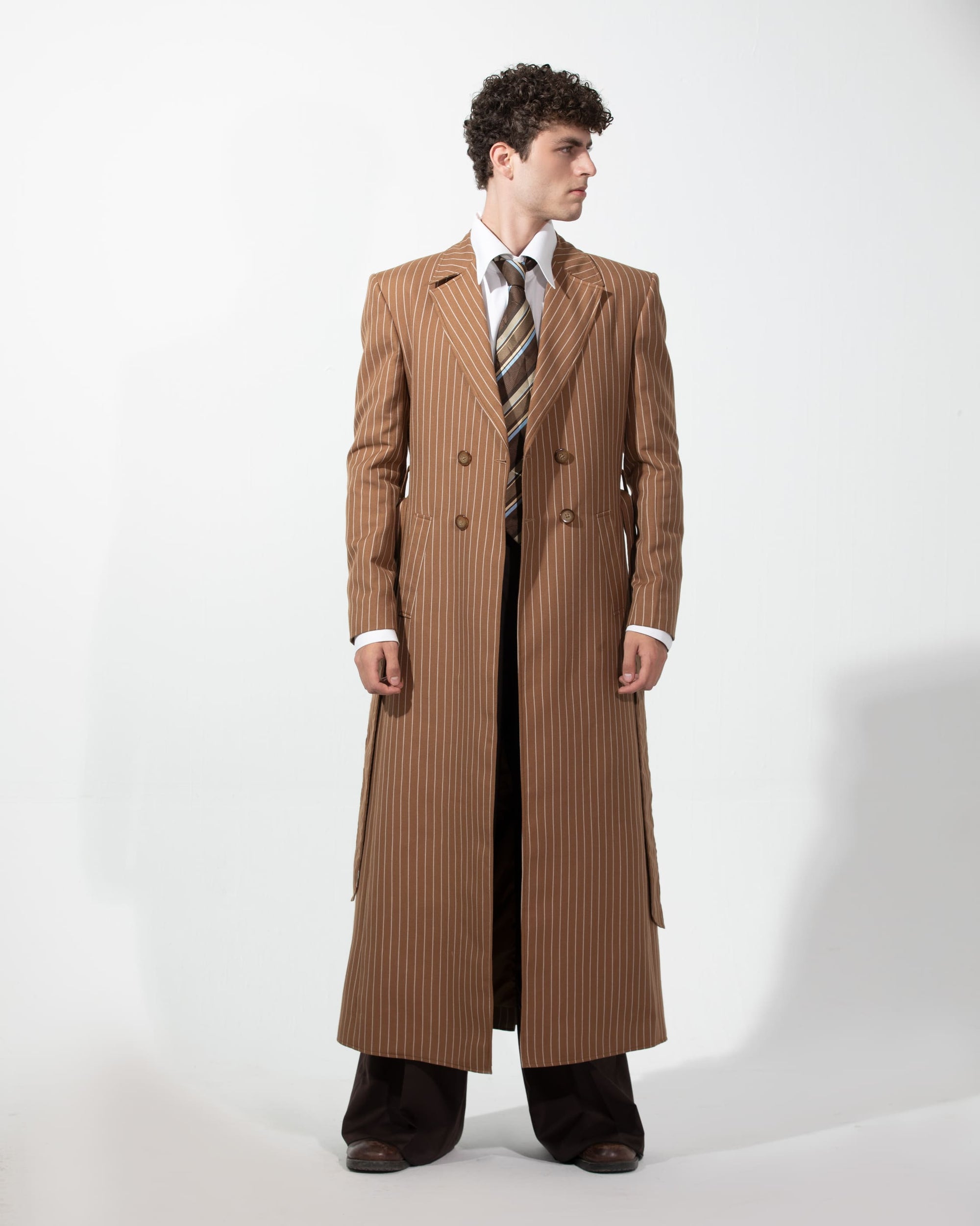 BROWN PINSTRIPE LONG COAT